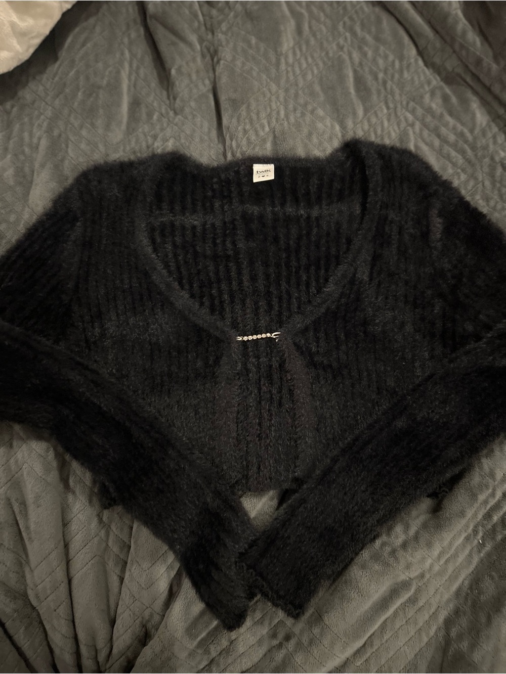 twik Black Fuzzy Cropped Cardigan with Rhinestone Clasp